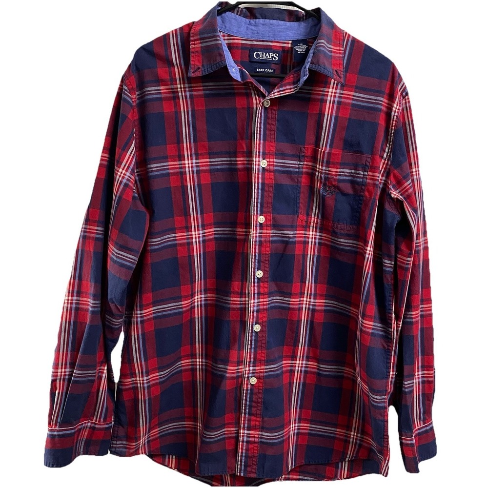 Chaps Men's Button Down Dress Shirt‎ Red&Navy Blue Sz. L
